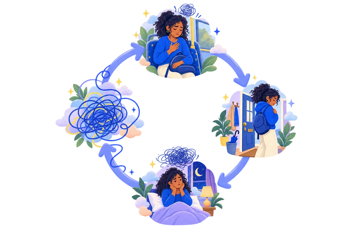Illustration of the anxiety loop: a panic moment leads to avoiding things, which leads to worry, which leads to more anxiety.