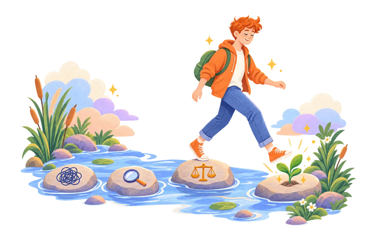Four stepping stones: write the worry, spot the thinking trap, balance the thought, reframe it.