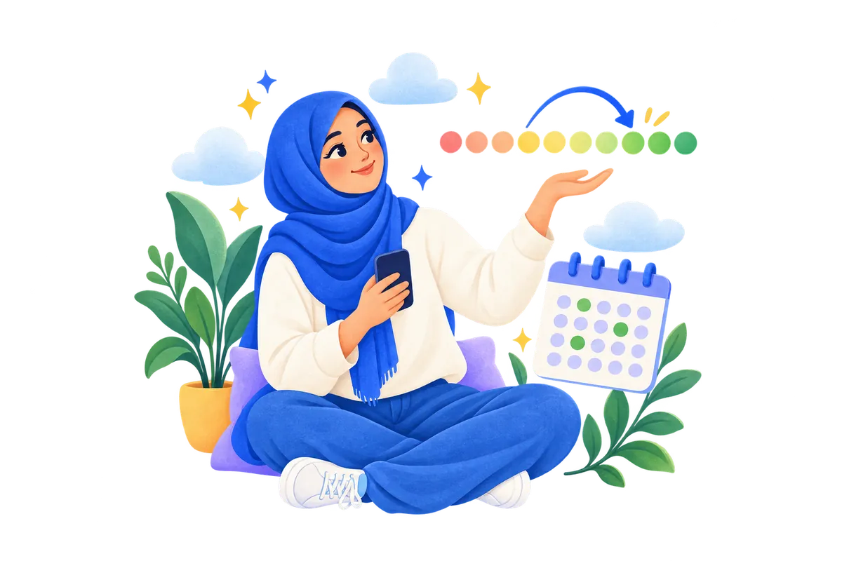 A woman rating how she feels on a scale from panic to calm and seeing her mood improve after an exercise.