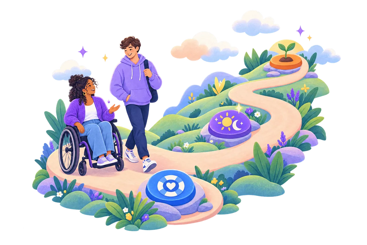 A winding path with three coloured waypoints showing the journey through Calm Now, Feel Better Daily and Feel more in Control.