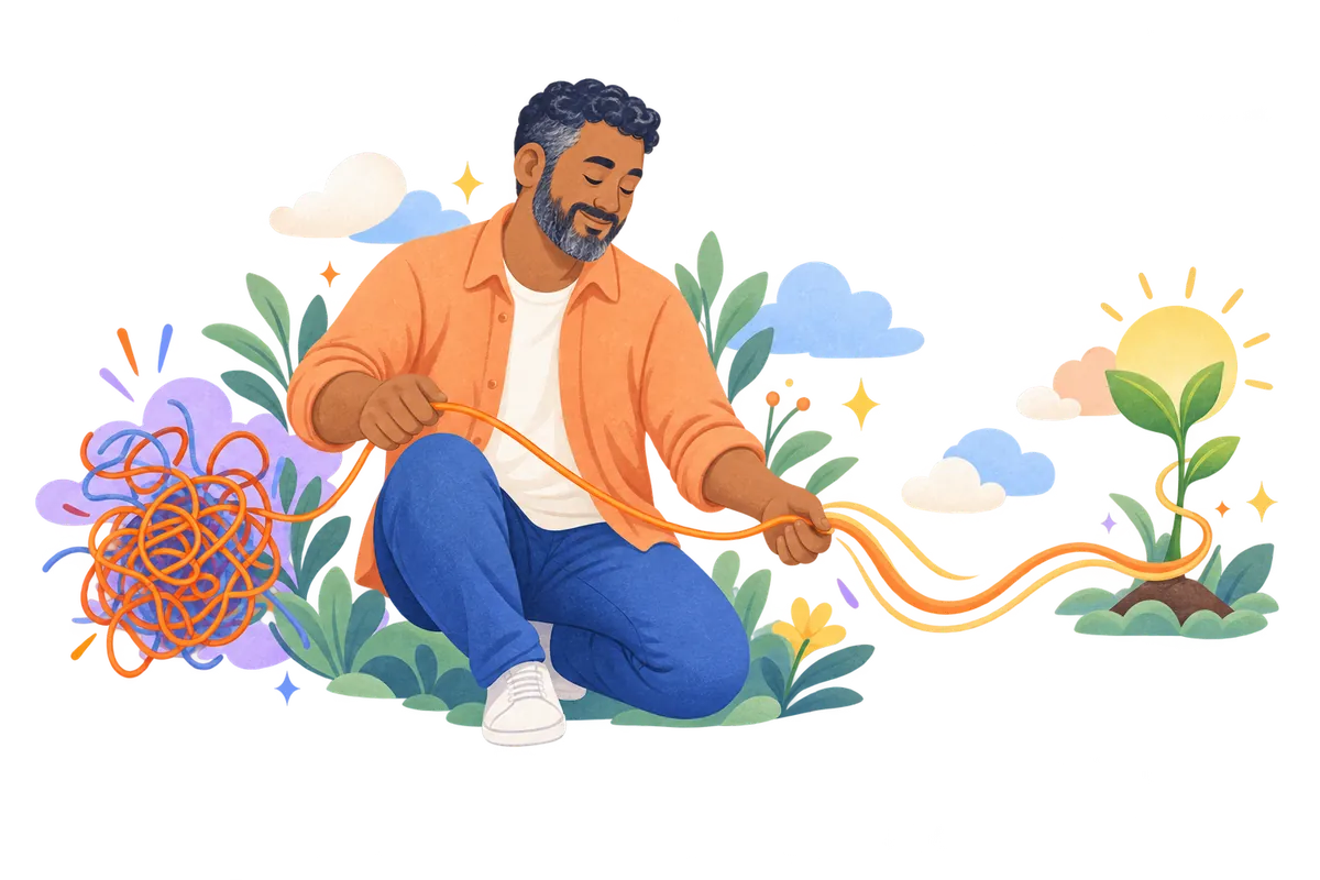 A man untangling a knotted thread into a calm, smooth line that ends in a growing sprout.