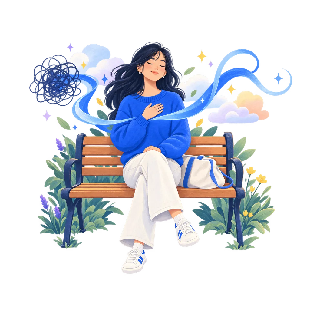 A woman on a bench slowing her breath as a tangled line around her becomes calm.
