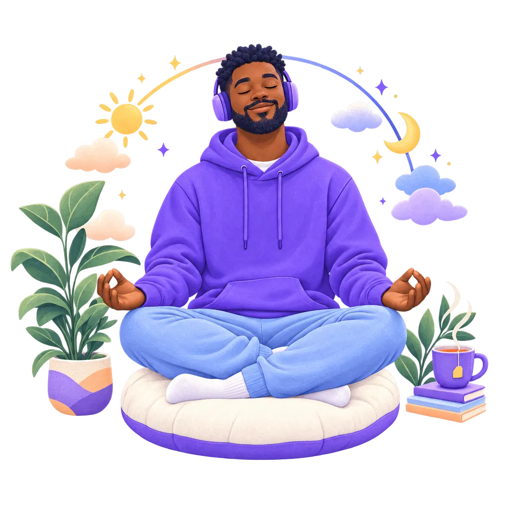 A man meditating with headphones under an arc from morning sun to evening moon.
