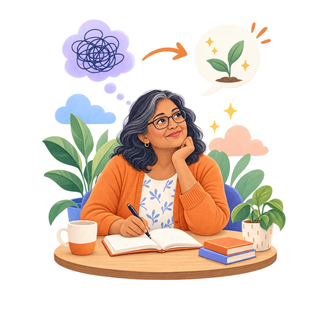 A woman writing in a journal as a tangled thought becomes clear and calm.