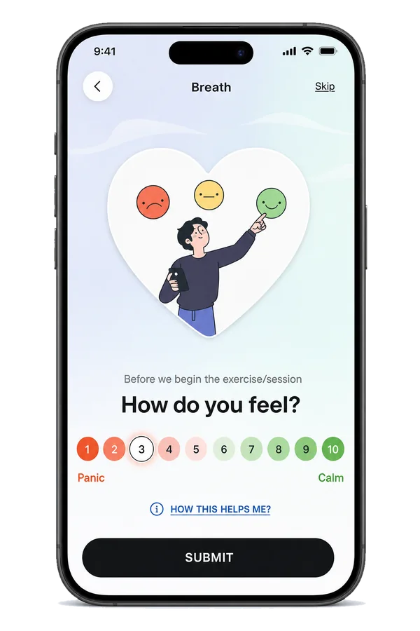 Before the exercise: How do you feel? A 1 to 10 scale from Panic to Calm, with 3 selected.