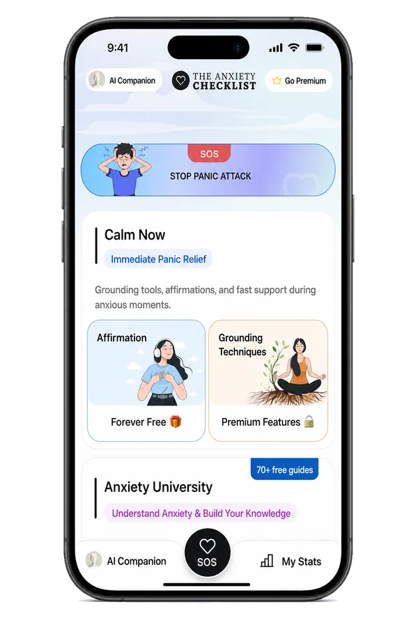 The app home screen with the Stop Panic Attack banner, the Calm Now tools and the SOS button in the bottom bar.