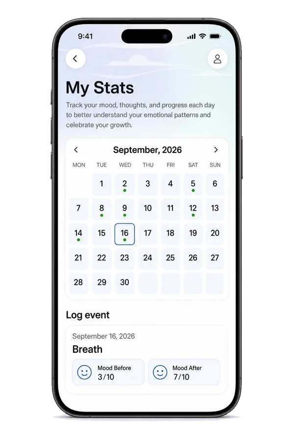 My Stats calendar with active days marked, and a logged Breath session: mood before 3/10, mood after 7/10.