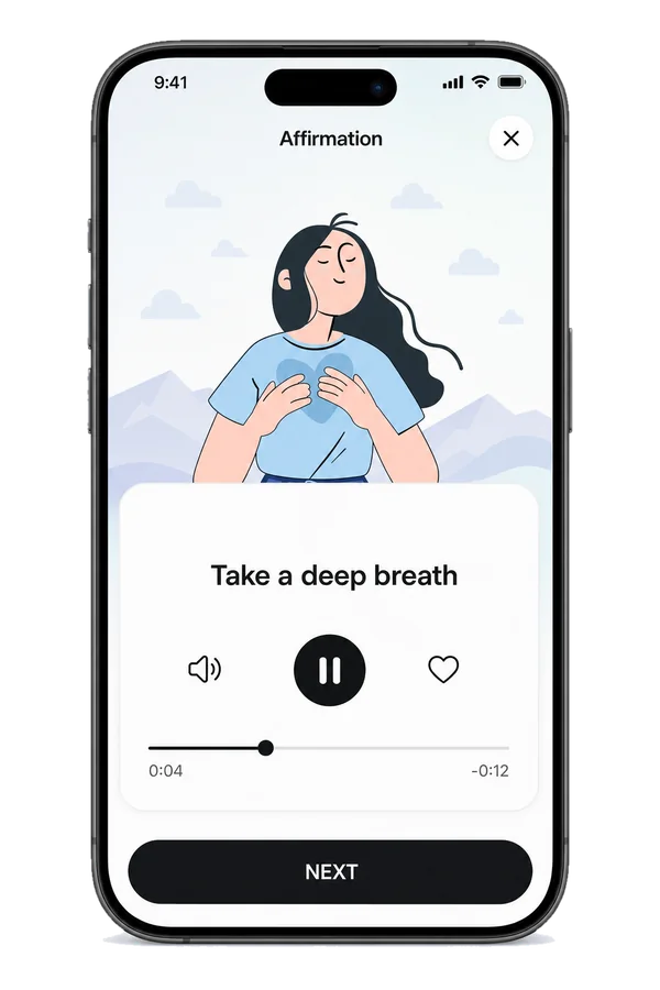 A voiced panic-relief affirmation card that says Take a deep breath, with audio controls and a Next button.