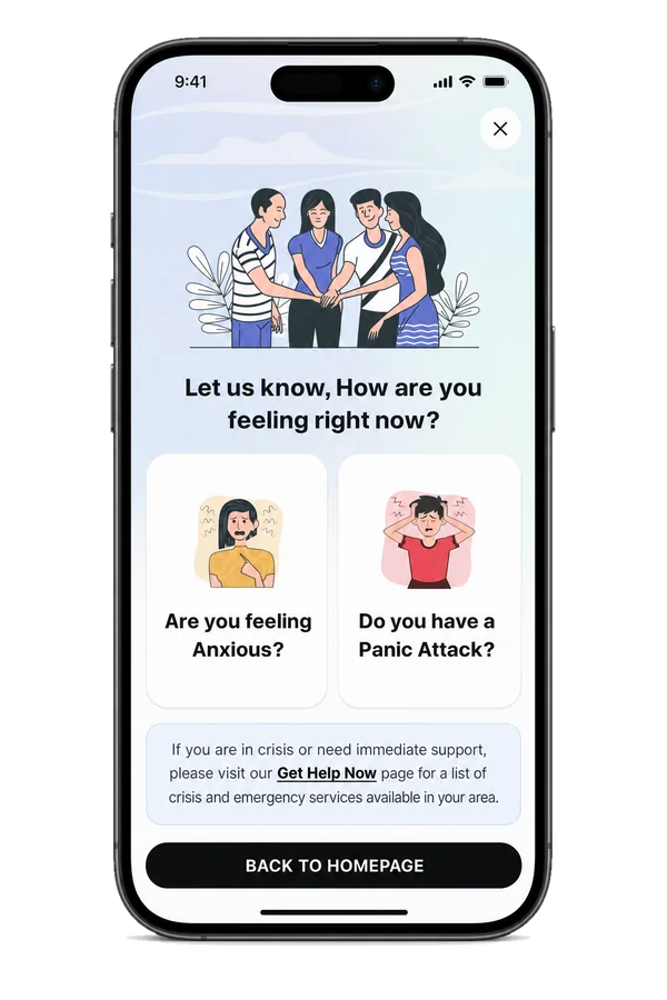 The SOS screen asking how you feel right now, with two choices: feeling anxious or having a panic attack.