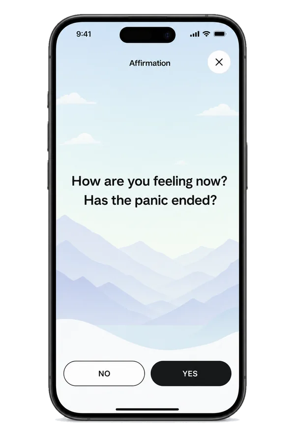 The app asks: How are you feeling now? Has the panic ended? with Yes and No buttons.