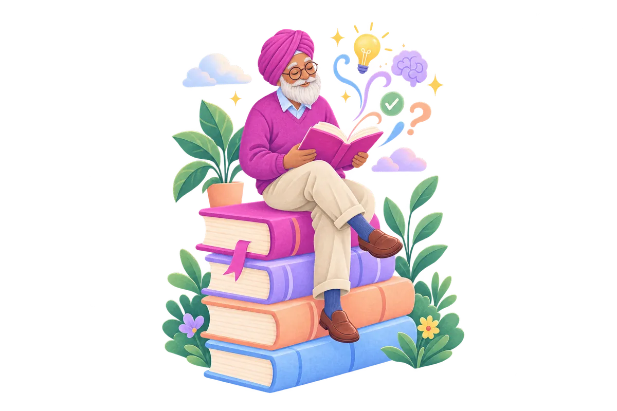 A man reading on a stack of books, learning how anxiety works.