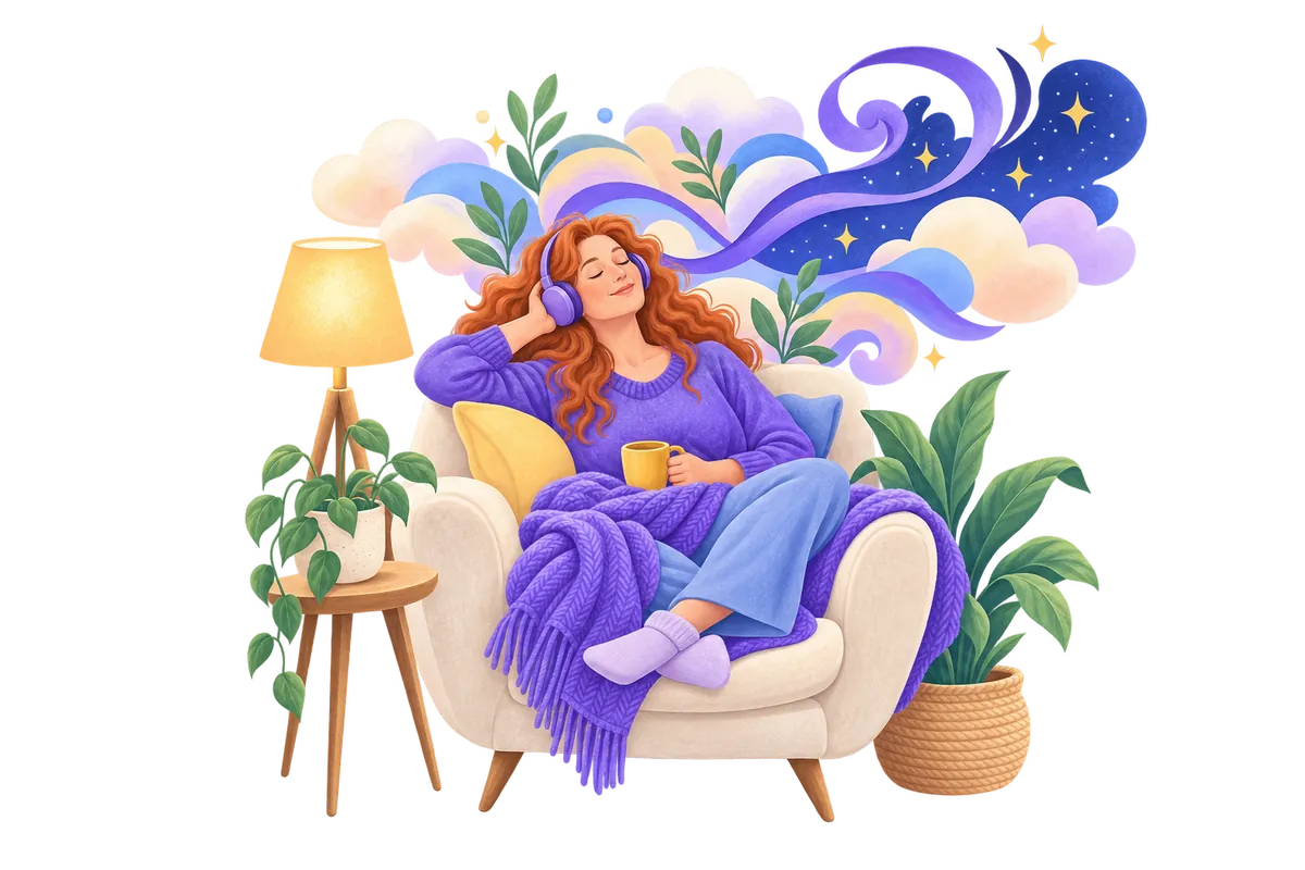 A woman relaxing in an armchair with headphones as her thoughts unwind.