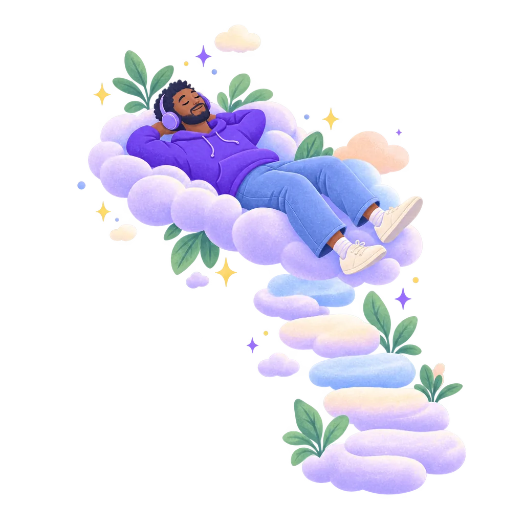 A man floating on a soft cloud, drifting into deep relaxation.