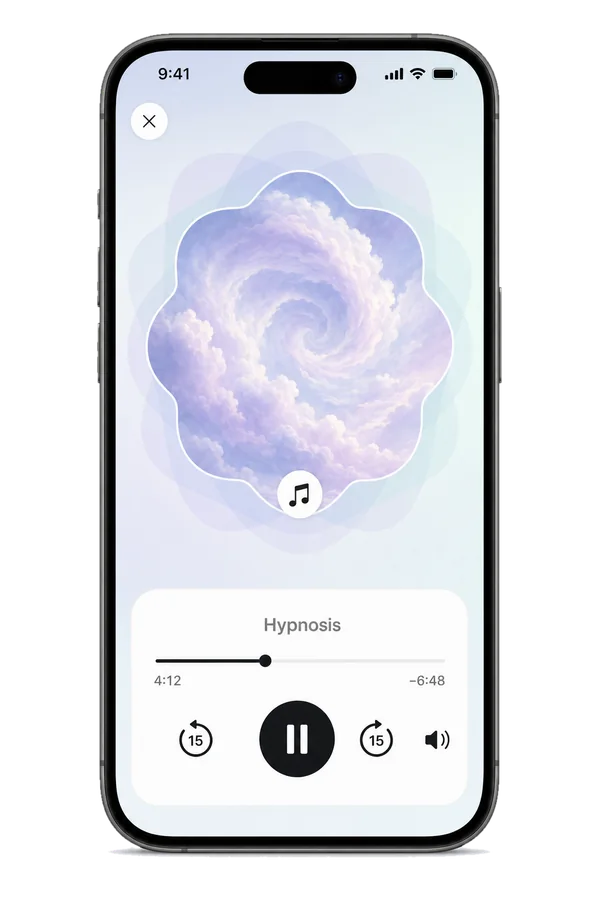 The Hypnosis audio player, mid-session, with pause and 15-second skip controls.