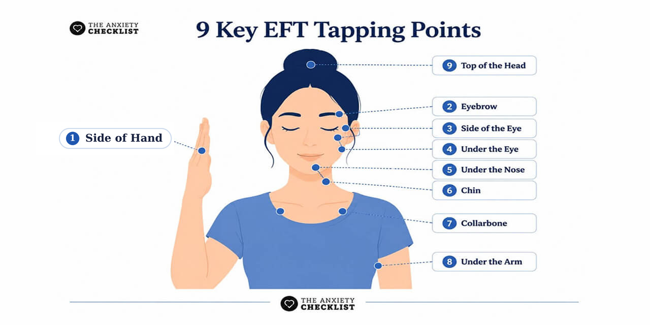 Diagram of the nine EFT tapping points, numbered in order from the Side of Hand point on the outer edge of the hand, through the eyebrow, side of the eye, under the eye, under the nose, chin, collarbone and under the arm, finishing at the top of the head