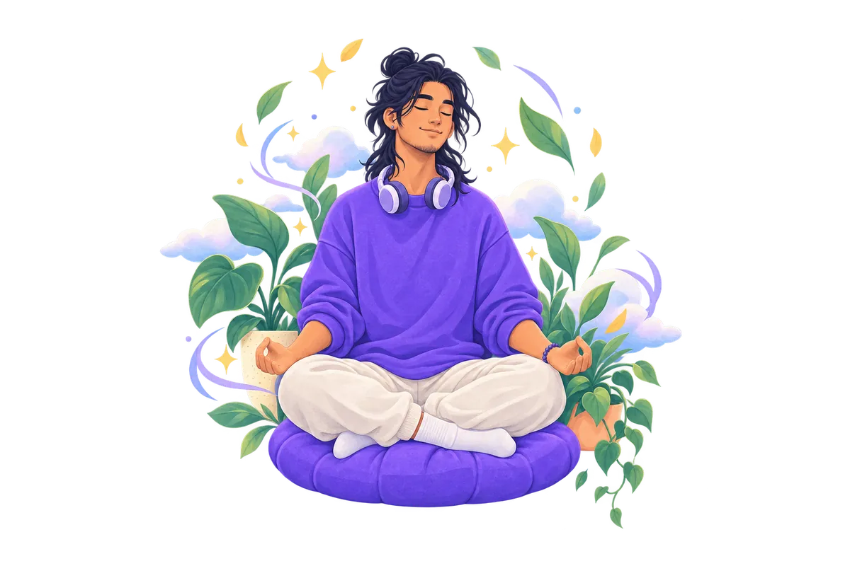 A man meditating on a cushion, eyes closed, surrounded by plants.
