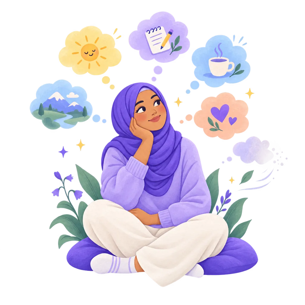 A woman calmly watching her thoughts drift past like clouds.