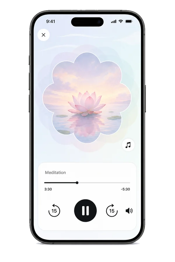 The Meditation audio player with a calm lotus cover, mid-session, with pause and 15-second skip controls.