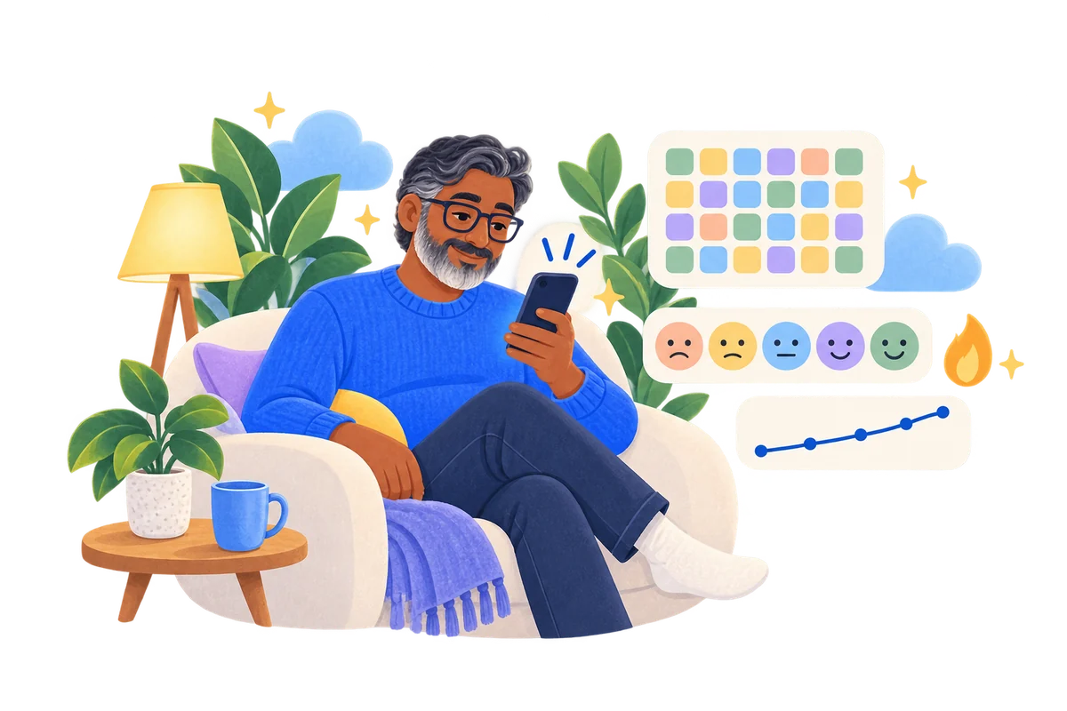 Man on a sofa checking in on his phone, with a grid of colourful mood days, smiley faces and a streak flame floating beside him