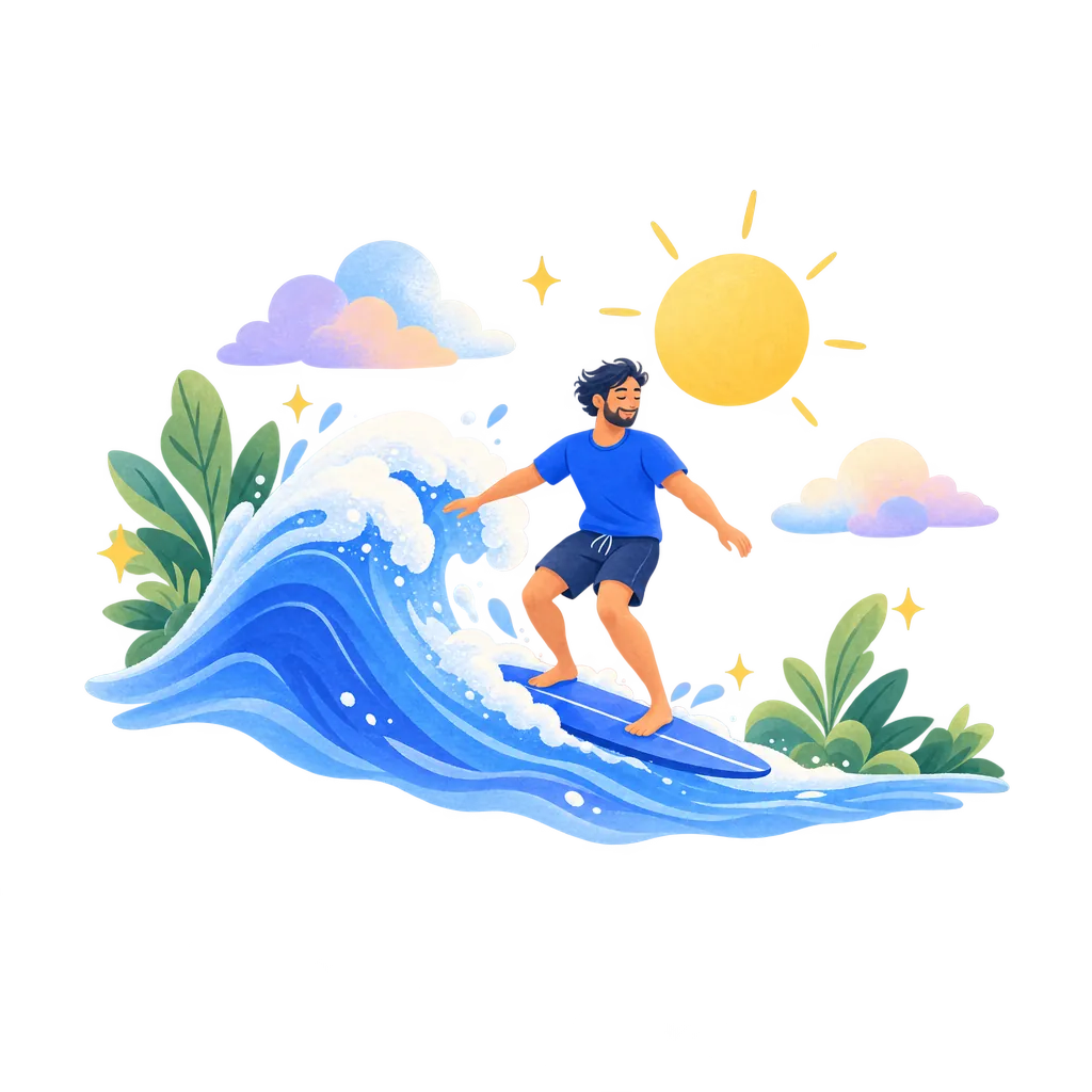 A person riding a wave that rises, peaks and settles, showing that panic passes.