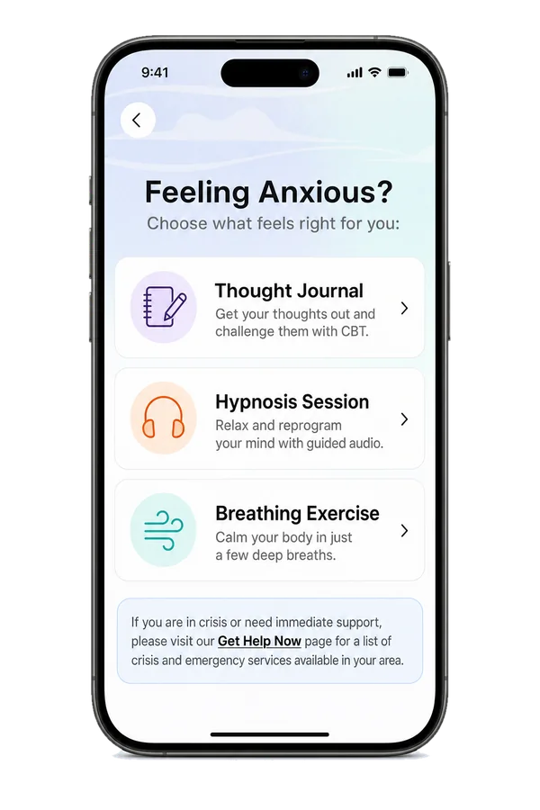 Feeling Anxious? options: Thought Journal, Hypnosis Session or Breathing Exercise.