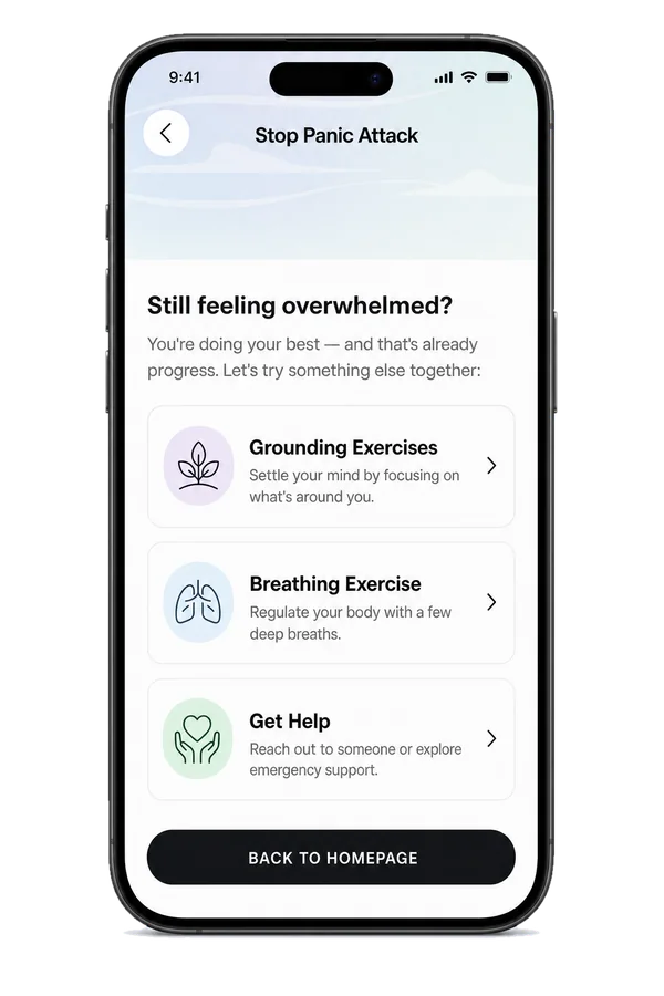 Still feeling overwhelmed? The app offers grounding, breathing, or getting help.
