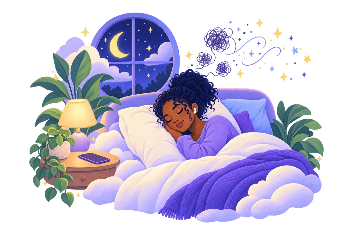 A woman falling asleep as her racing thoughts dissolve into stars.