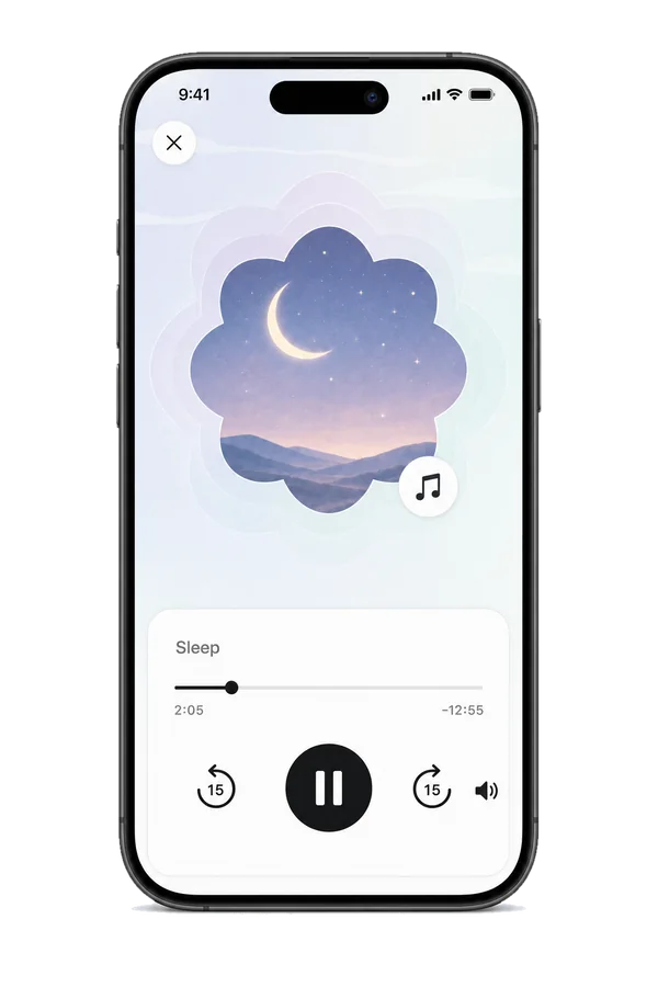 The Sleep audio player with a moonlit cover, mid-session, with pause and 15-second skip controls.