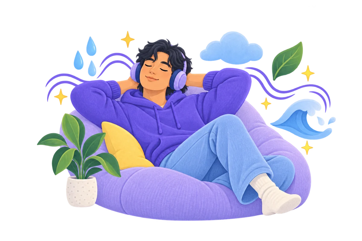 Person relaxing on a beanbag with headphones, surrounded by soft rain, waves and leaves