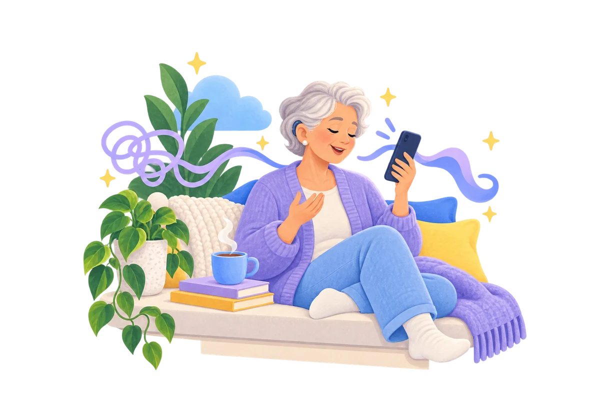 Older woman with a hearing aid relaxing by a window with tea, talking softly to her phone as calm sound ribbons flow between them