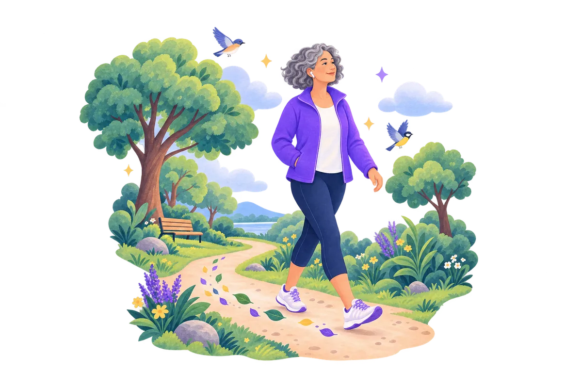 A woman walking mindfully through a park with earbuds in.