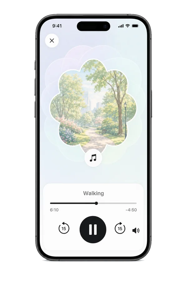 The Walking audio player with a park path cover, mid-session, with pause and 15-second skip controls.