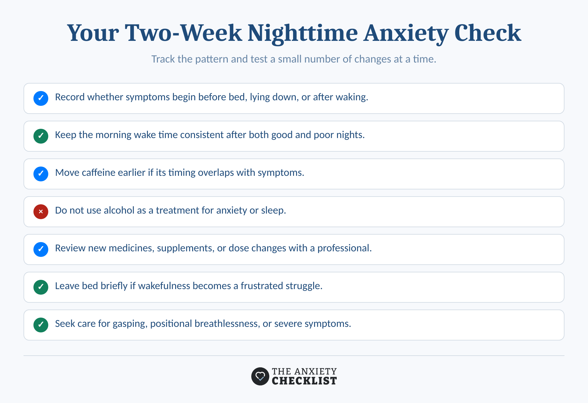 Two-week checklist for tracking nighttime anxiety and testing targeted sleep changes.