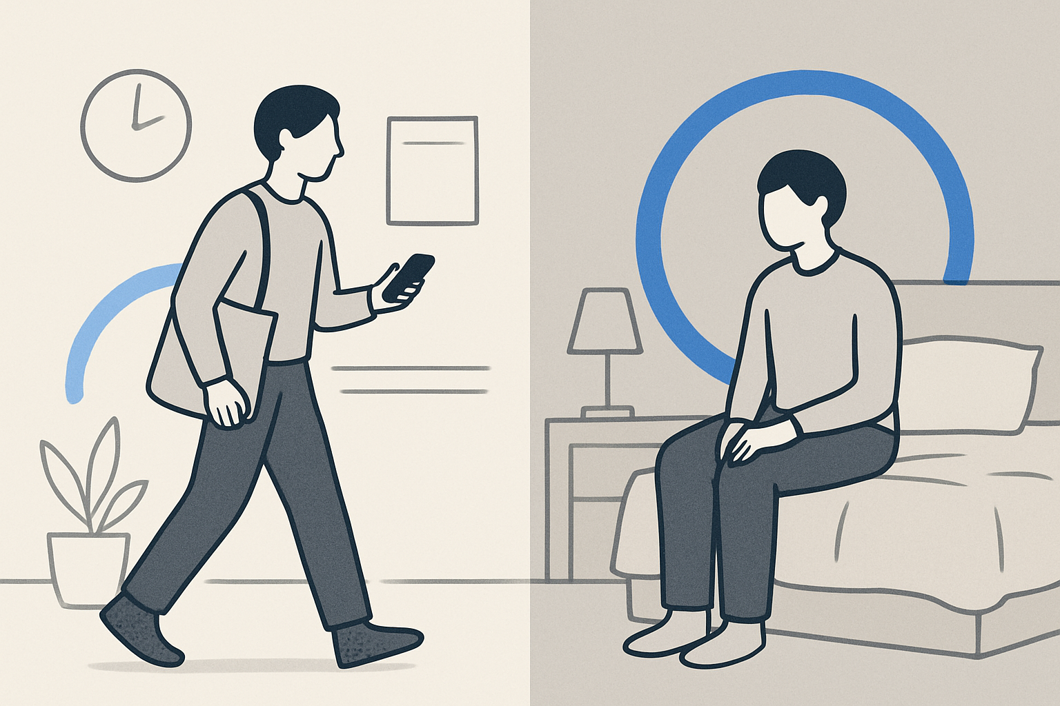 Split scene showing daytime activity giving way to racing thoughts in a quiet bedroom.
