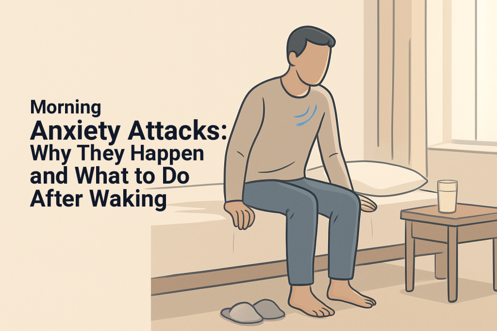 Adult grounding their feet beside the bed after waking with morning anxiety.
