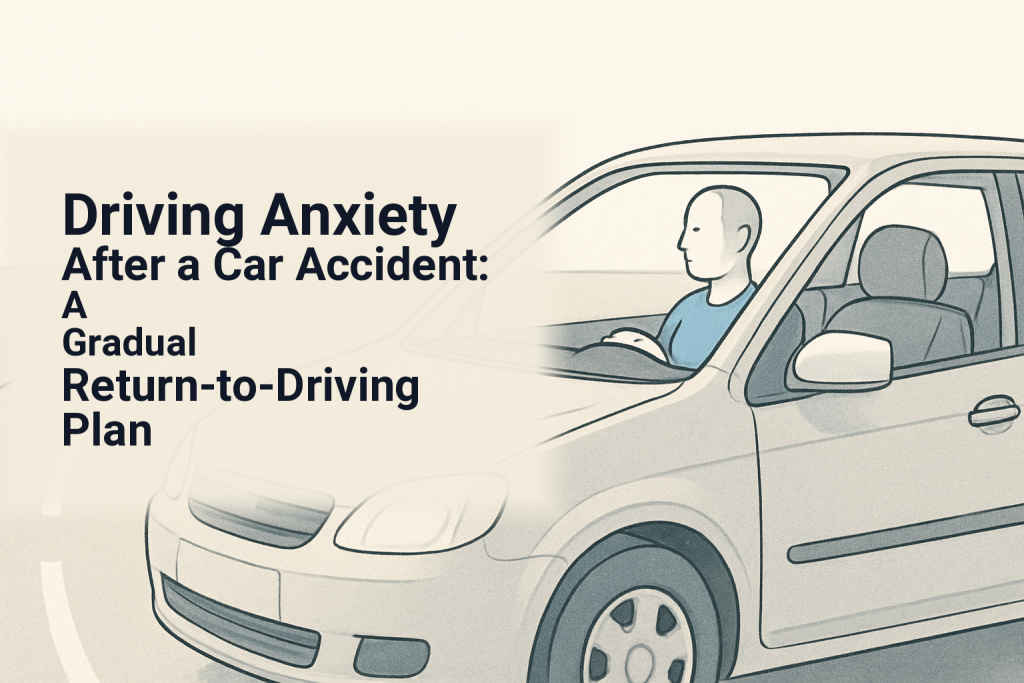 Driver pausing calmly in a parked car before a gradual return to driving.