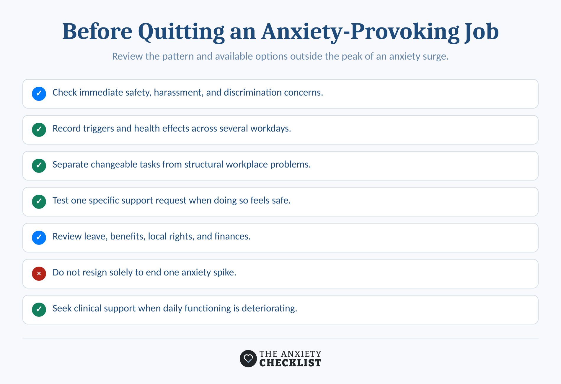 Checklist for deciding whether to change a job, seek support, or resign