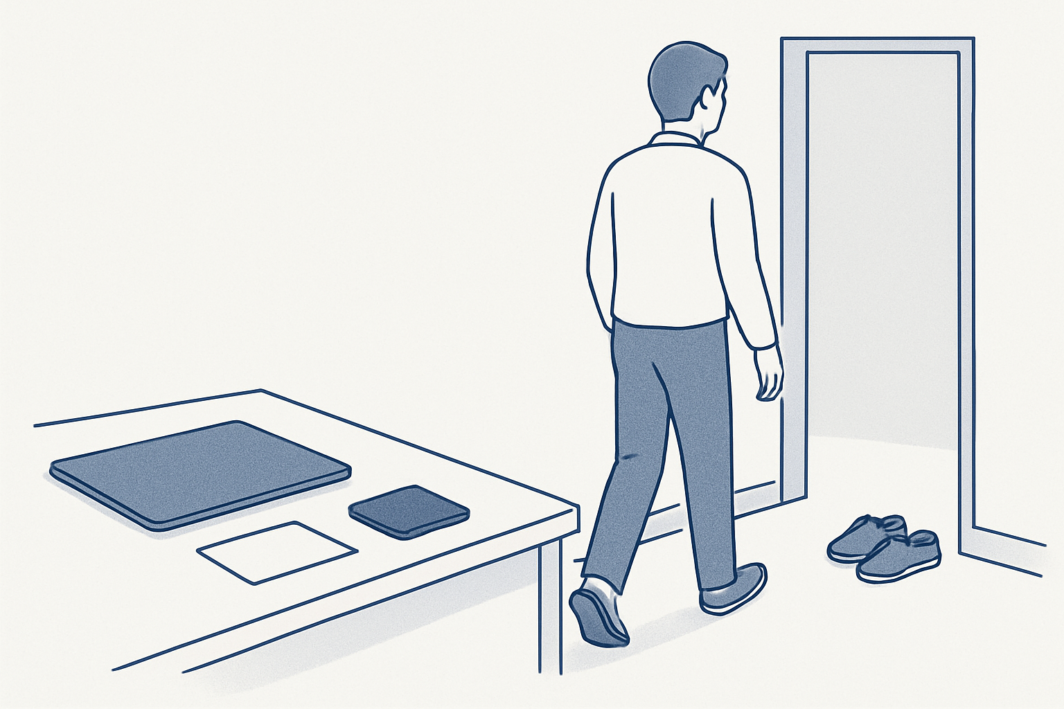 Employee closes a laptop, notes the next task, silences a phone, and walks away