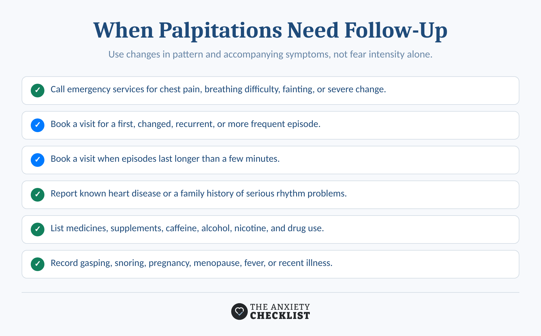Checklist showing when new or recurring nighttime palpitations need medical follow-up.
