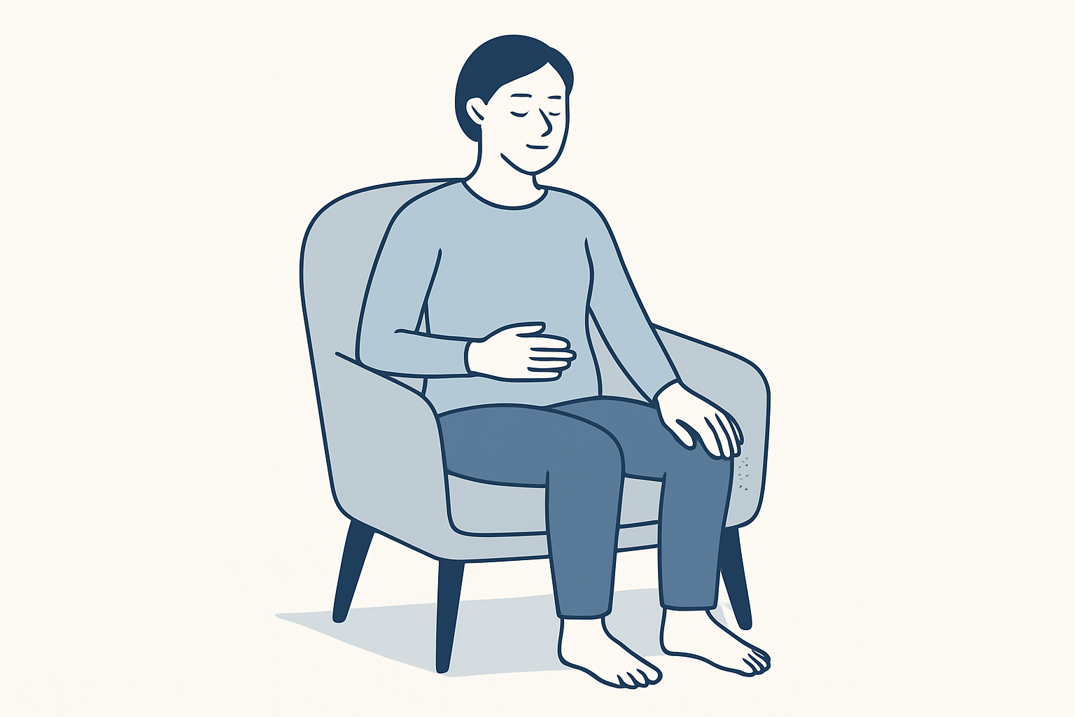 Adult slowing their breath and relaxing tense hands during familiar anxiety tingling.