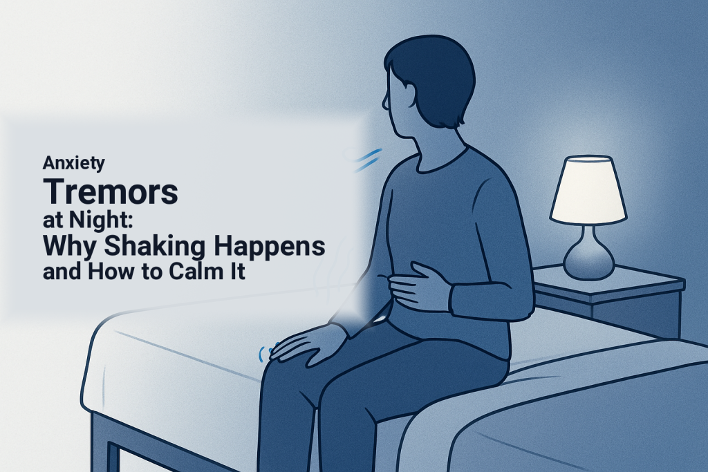 Person sitting upright in bed using gentle breathing as nighttime shaking settles