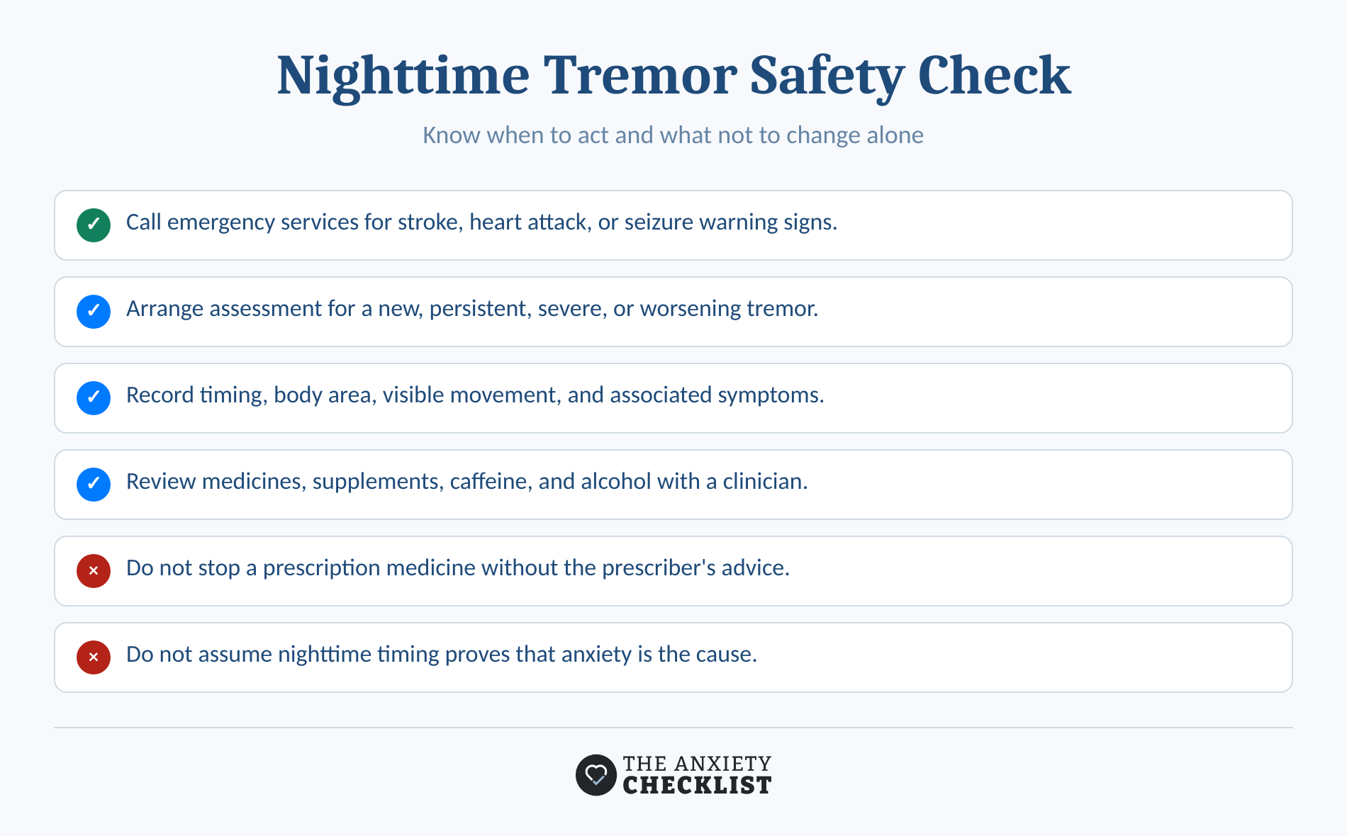 Checklist showing when nighttime tremors need emergency or routine medical care