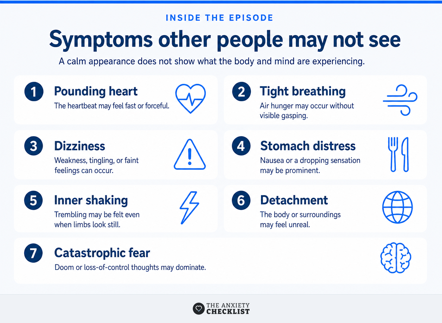 Internal symptoms of a silent anxiety attack shown around a seated person.