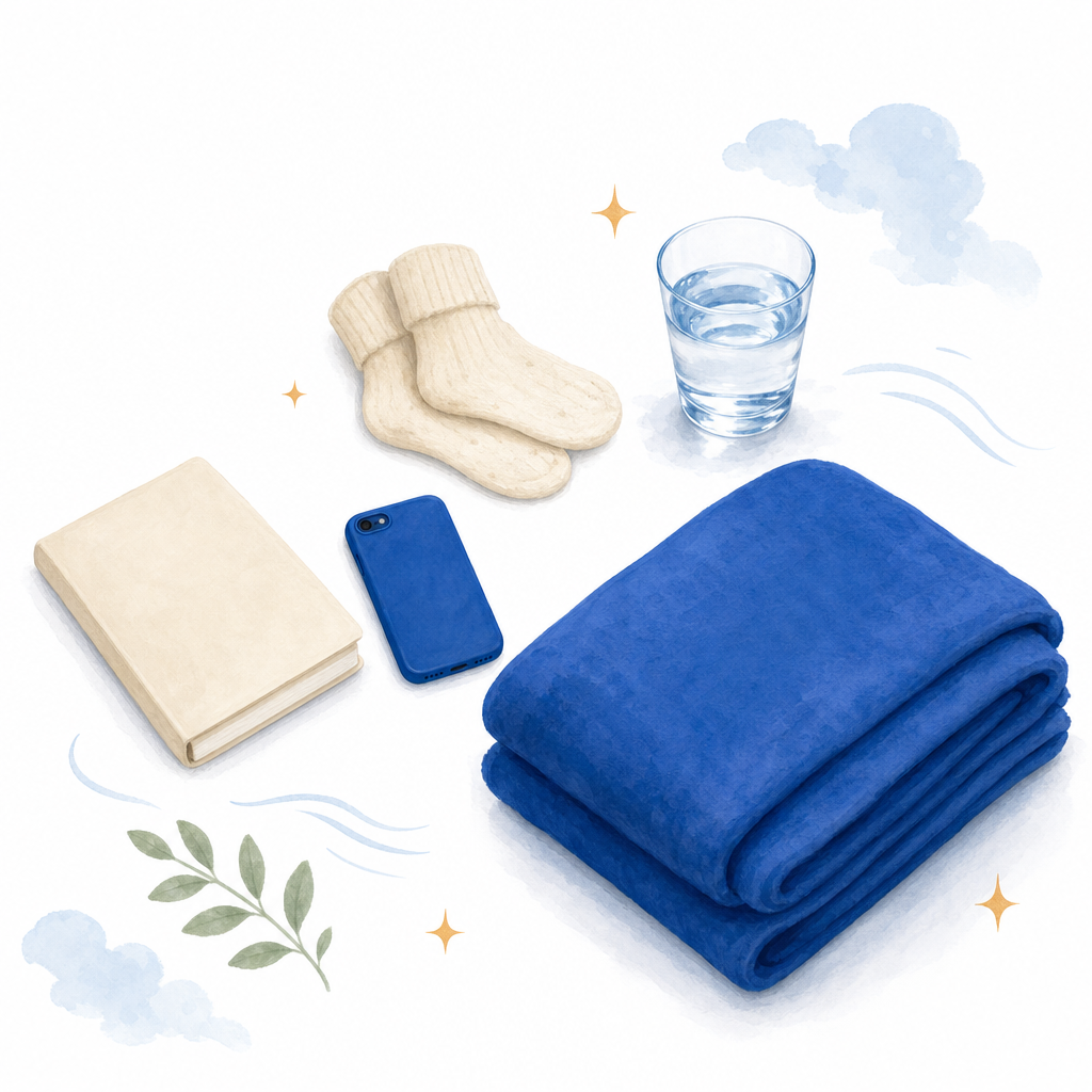 Bedside setup with a light blanket, water, phone and blank symptom log.
