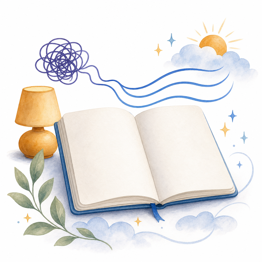 A bedside notebook contains tangled thoughts and redirects them toward tomorrow.