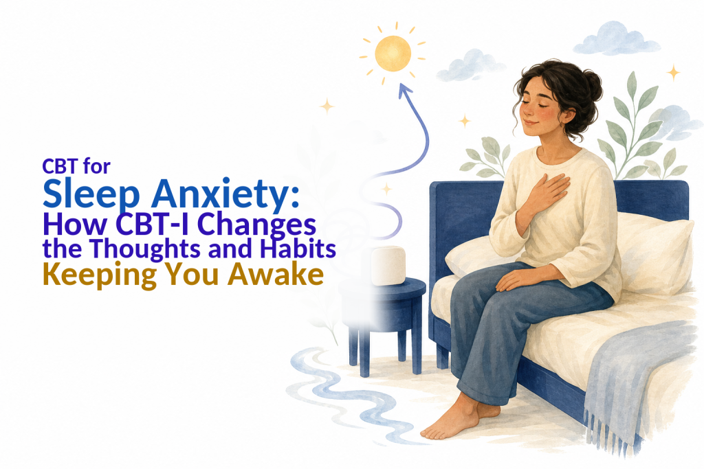 Adult beside a bed as a tangled sleep worry becomes a smooth ribbon