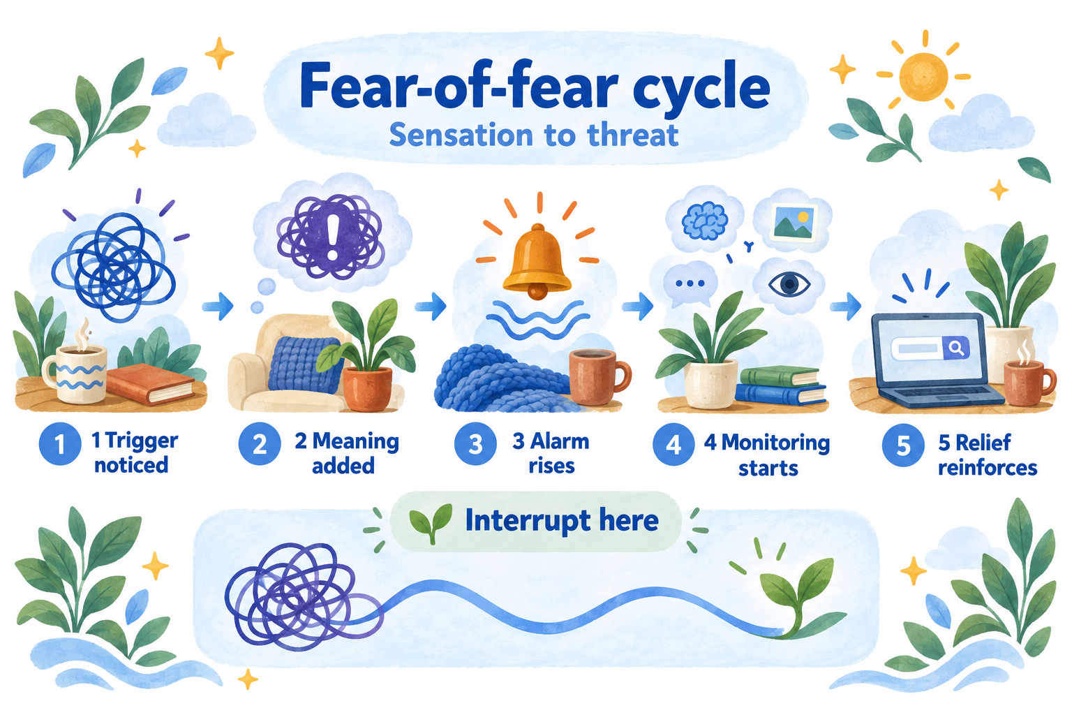 Five-step fear-of-fear cycle: trigger, threatening meaning, alarm, monitoring, and brief relief that reinforces anxiety.