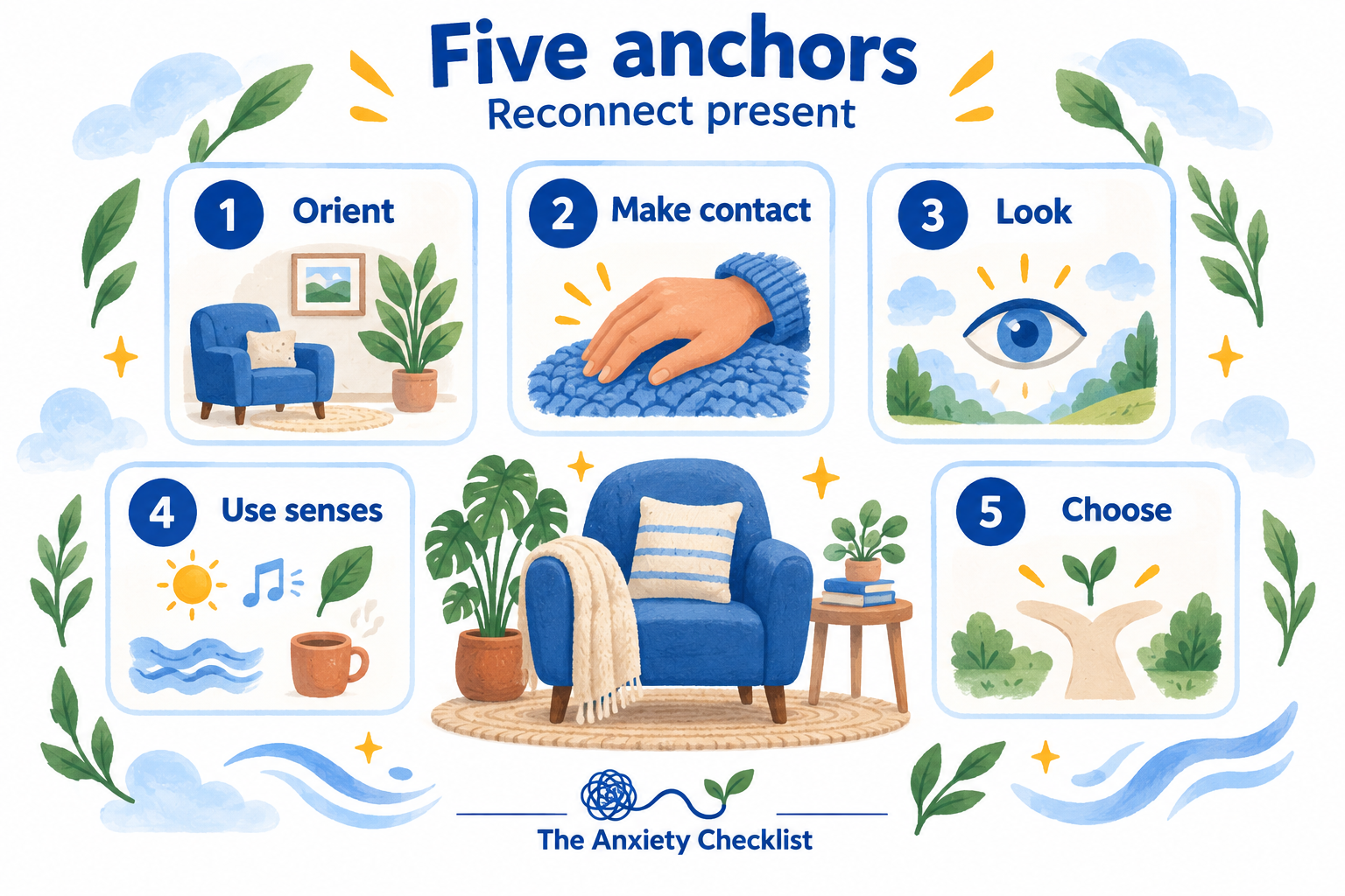 Five numbered grounding anchors: orient, make contact, look, use the senses, and choose.