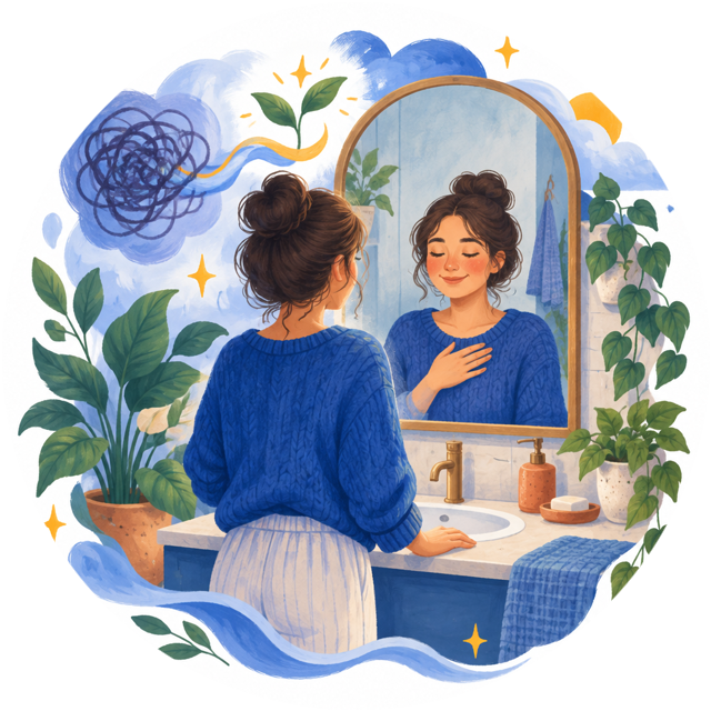 Person at a bathroom sink grounding themselves while looking at a clear reflection.