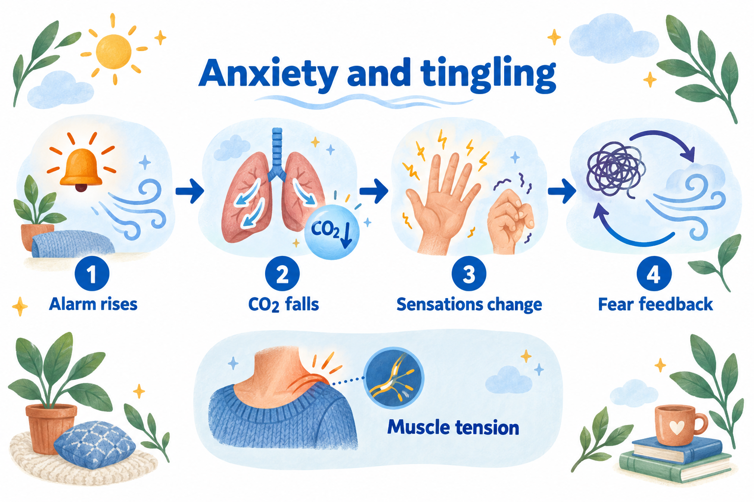Four-step diagram shows anxiety-driven over-breathing lowering CO2, causing tingling and feeding fear.